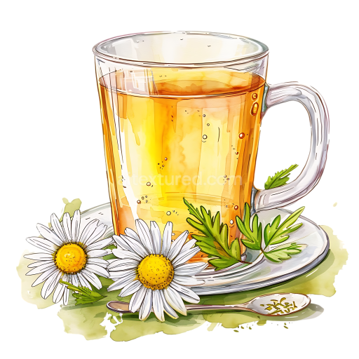 Breakfast Chamomile Tea Glass with Daisies — Detailed Illustrated Clipart