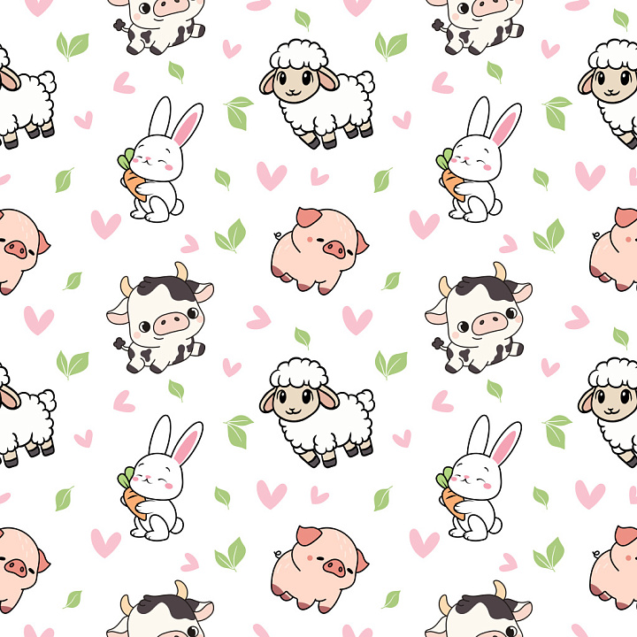 Pattern Featuring Cute Cartoon Farm Animals and Hearts seamless PBR texture preview