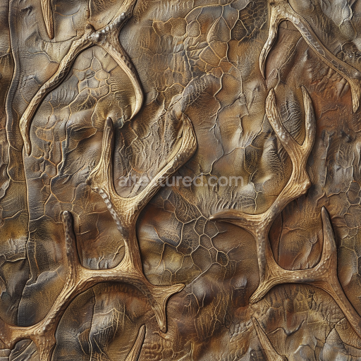 Seamless 3D PBR texture of antique cracked brown leather with embossed antler pattern