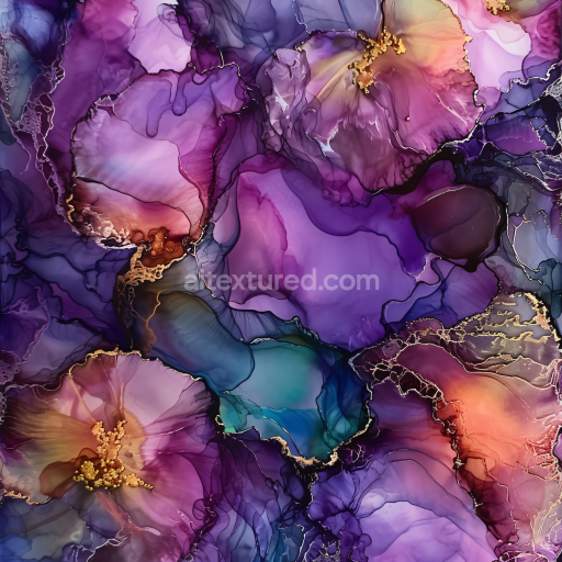 Seamless 3D Alcohol Ink PBR Texture Featuring Rich Purple Hues and Delicate Gold Veining