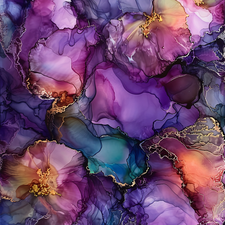 Alcohol Ink Featuring Rich Purple Hues and Delicate Gold Veining seamless PBR texture preview