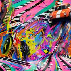 seamless Seamless 3D PBR Graffiti Texture Featuring Vibrant Multicolor Urban Street Art and Dynamic Racing Elements texture 8k free download PBR