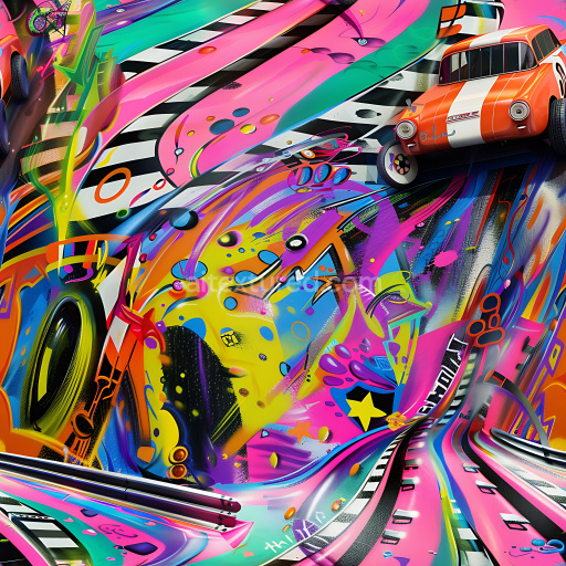 Seamless 3D PBR Graffiti Texture Featuring Vibrant Multicolor Urban Street Art and Dynamic Racing Elements