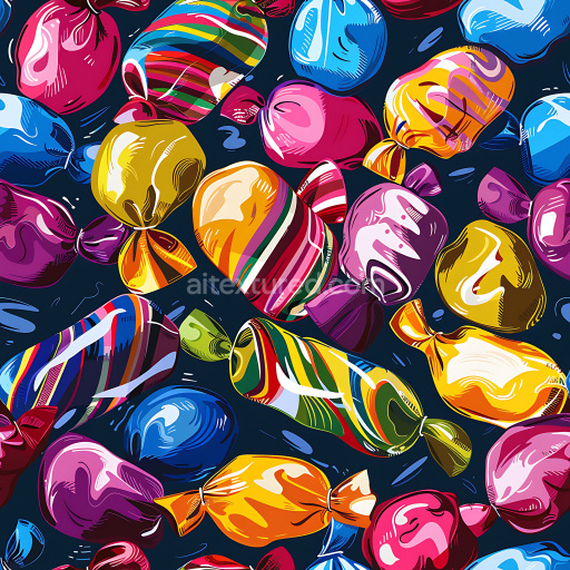 Seamless 3D PBR texture of vibrant graffiti candy wrappers with dynamic stripes and bold colors