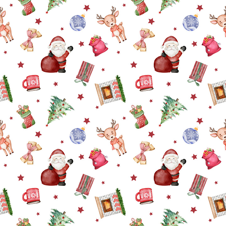 Pattern Featuring Watercolor Christmas Motifs on White seamless PBR texture preview