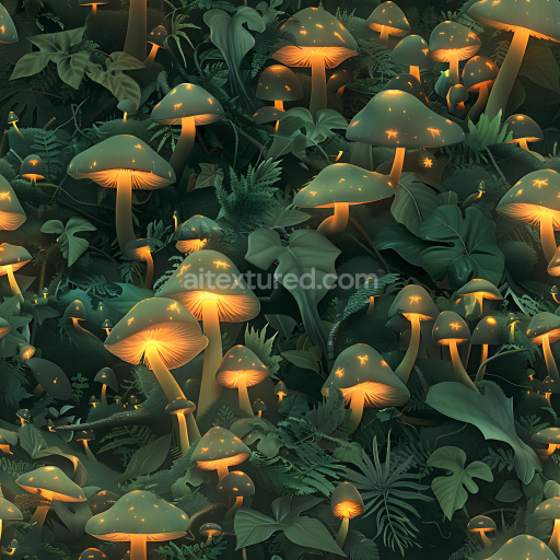 Seamless 3D PBR Camouflage Texture Featuring Glowing Forest Mushrooms and Lush Foliage
