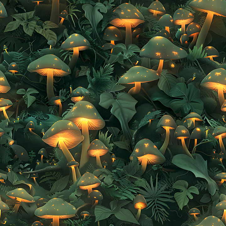 Camouflage Featuring Glowing Forest Mushrooms and Lush Foliage seamless PBR texture preview