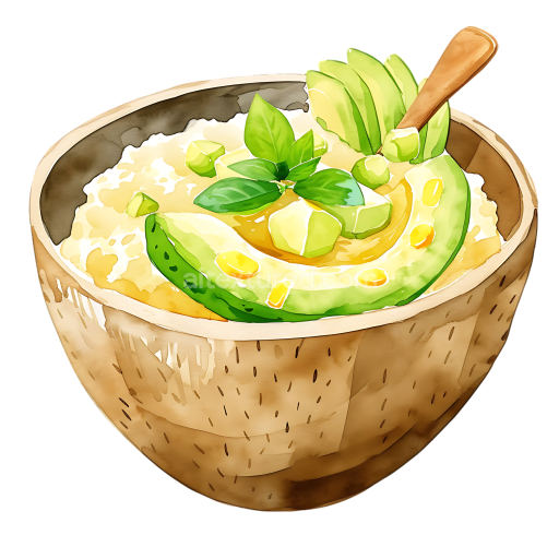 Savory Oatmeal Breakfast Bowl with Fresh Avocado and Herbs Illustration