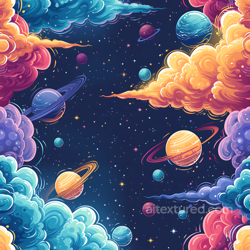Space Texture Featuring Cartoon-Style Planets and Vivid Nebula Clouds seamless Star, space, planets PBR texture