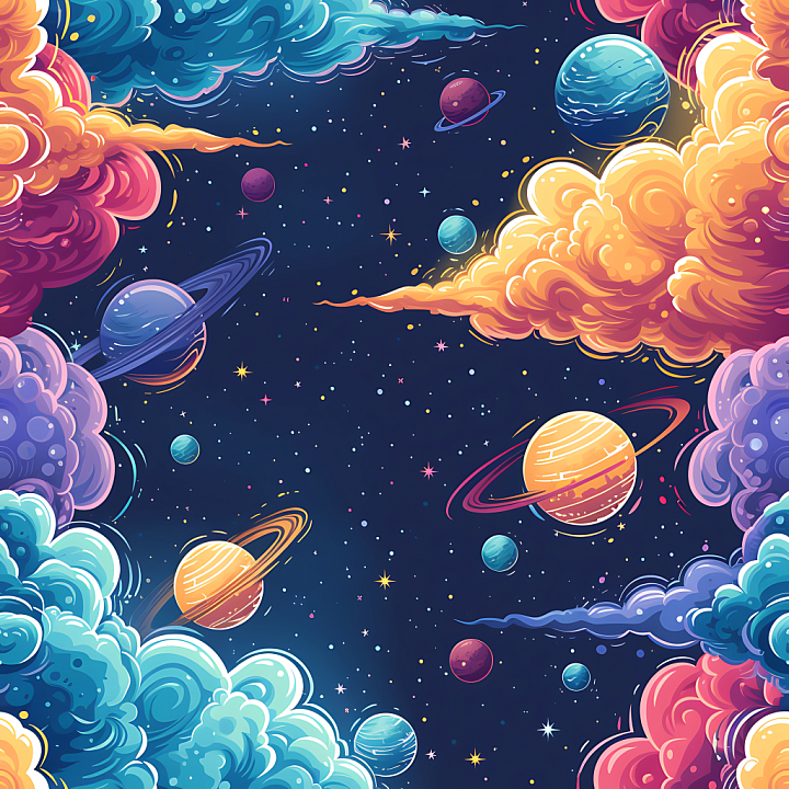 Space Featuring Cartoon-Style Planets and Vivid Nebula Clouds seamless PBR texture preview