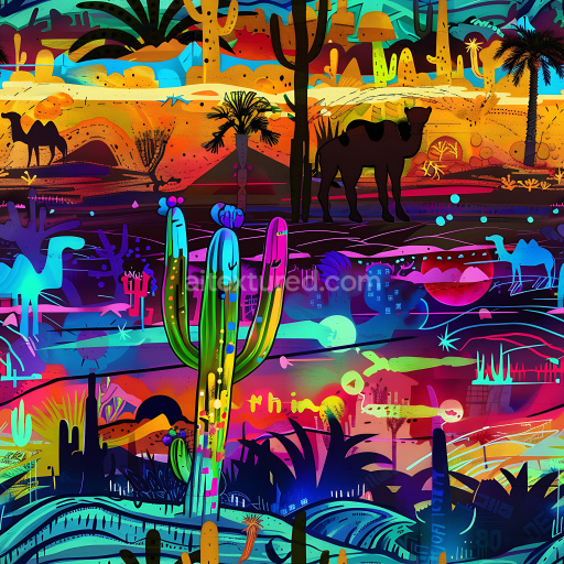 Seamless 3D PBR Texture Featuring Vivid Desert Graffiti with Camels and Cacti