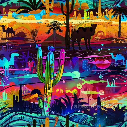 Seamless 3D PBR Texture Featuring Vivid Desert Graffiti with Camels and Cacti texture preview