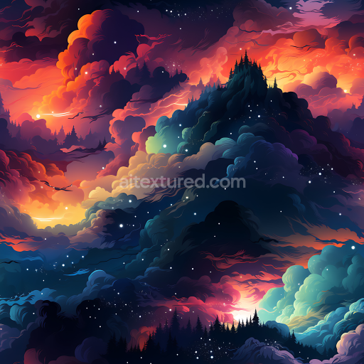 Seamless 3D Space PBR Texture Featuring Dramatic Cosmic Nebula Clouds and Starry Silhouettes