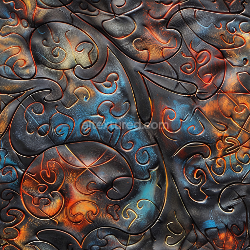 Seamless 3D PBR Texture of Embossed Black Leather with Vibrant Orange and Blue Patina