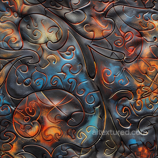 Embossed Black Leather Seamless Texture with Vibrant Orange and Blue Patina seamless Leather PBR texture