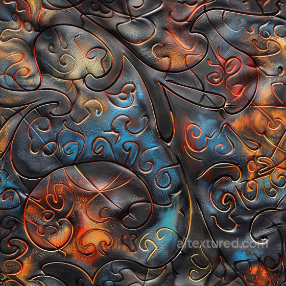 Embossed Black Leather Seamless Texture with Vibrant Orange and Blue Patina Leather texture preview