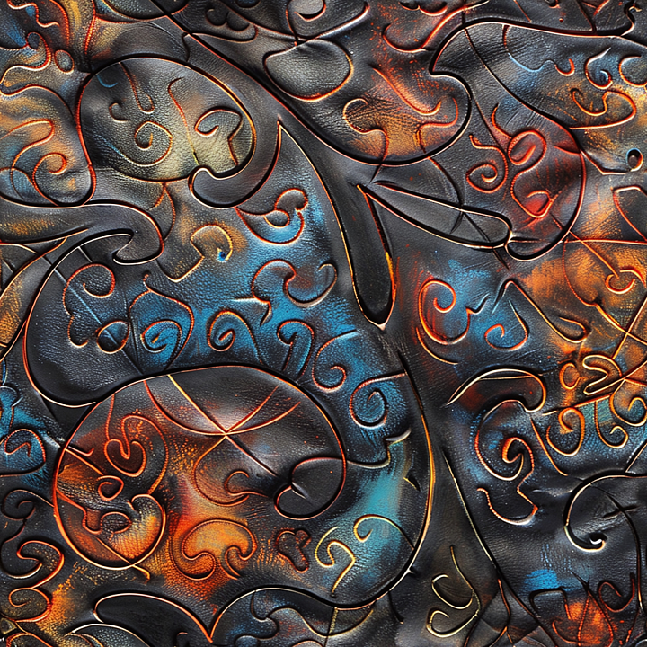 Embossed Black Leather with Vibrant Orange and Blue Patina seamless PBR texture preview