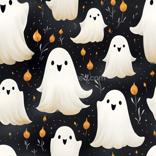 Seamless 3D PBR Fabric Texture Featuring Playful White Ghosts and Autumn Leaves