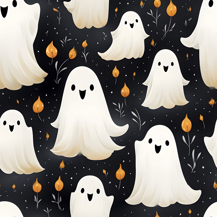 Fabric Featuring Playful White Ghosts and Autumn Leaves seamless PBR texture preview