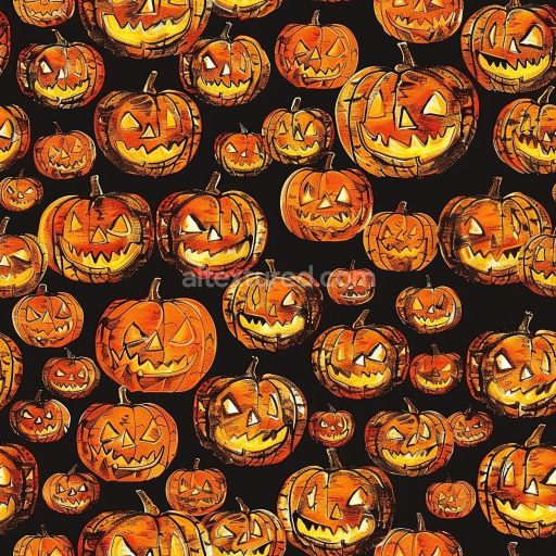 Seamless 3D PBR Texture Featuring Vintage Halloween Jack-O'-Lantern Pumpkins in Orange and Black