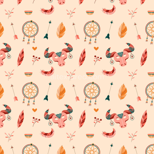 Seamless 3D PBR Boho Style Pattern Fabric Texture with Dreamcatchers and Bulls