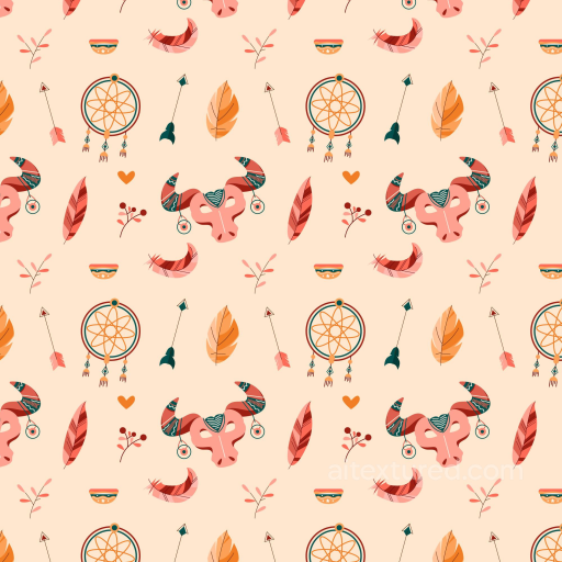 Boho Style Pattern Fabric Texture with Dreamcatchers and Bulls seamless Boho Seamless PBR texture