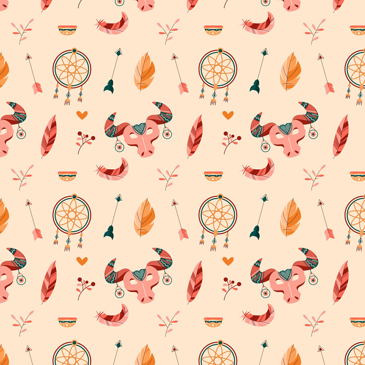 Boho Style Pattern Fabric with Dreamcatchers and Bulls seamless PBR texture preview