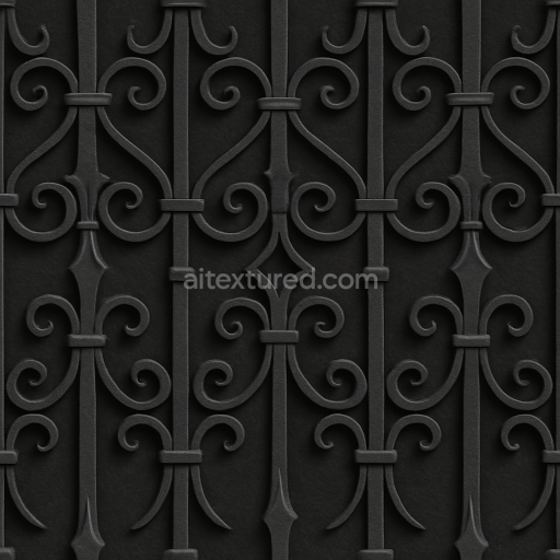 Seamless 3d texture pbr 8k decorative iron fence with ornate iron details and black iron finish