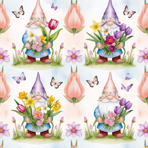 Seamless 3D PBR Texture Featuring Colorful Easter Gnomes and Spring Flowers