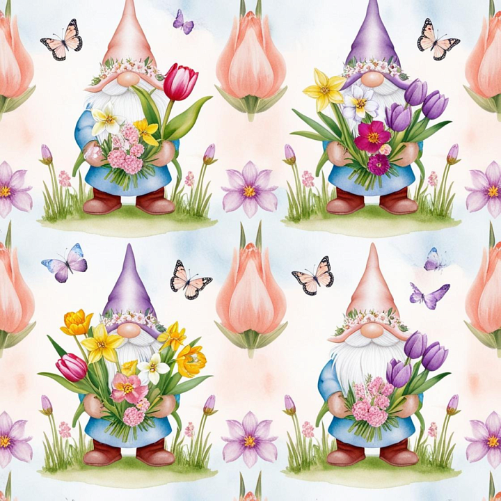 Featuring Colorful Easter Gnomes and Spring Flowers seamless PBR texture preview