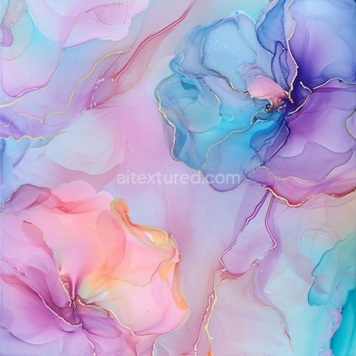 Seamless 3D Alcohol Ink PBR Texture with Soft Pastel Floral Swirls and Gold Veins