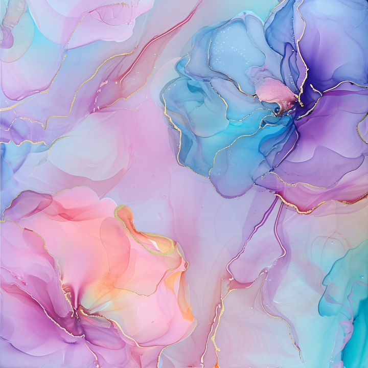 Alcohol Ink with Soft Pastel Floral Swirls and Gold Veins seamless PBR texture preview