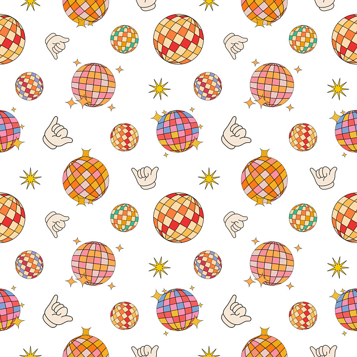 Pattern Featuring Retro Disco Balls and Hand Gestures seamless PBR texture preview