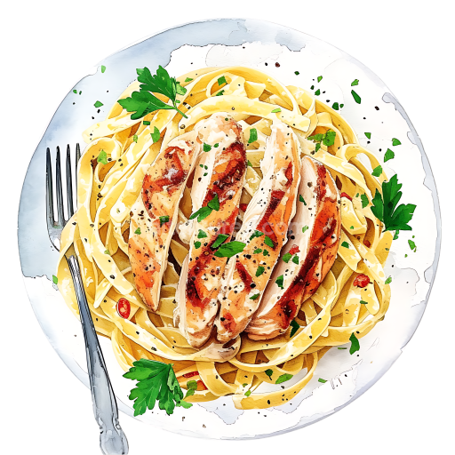 Breakfast Chicken Alfredo Pasta Plate with Grilled Chicken Slices and Herb Garnish