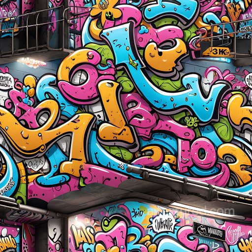Seamless 3D PBR Graffiti Texture Featuring Bold Pink, Blue, and Orange Letters texture preview