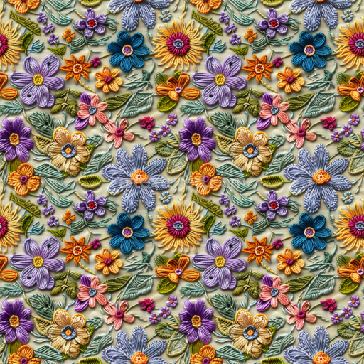 Seamless 3D PBR Texture of Colorful Embroidered Floral Fabric
