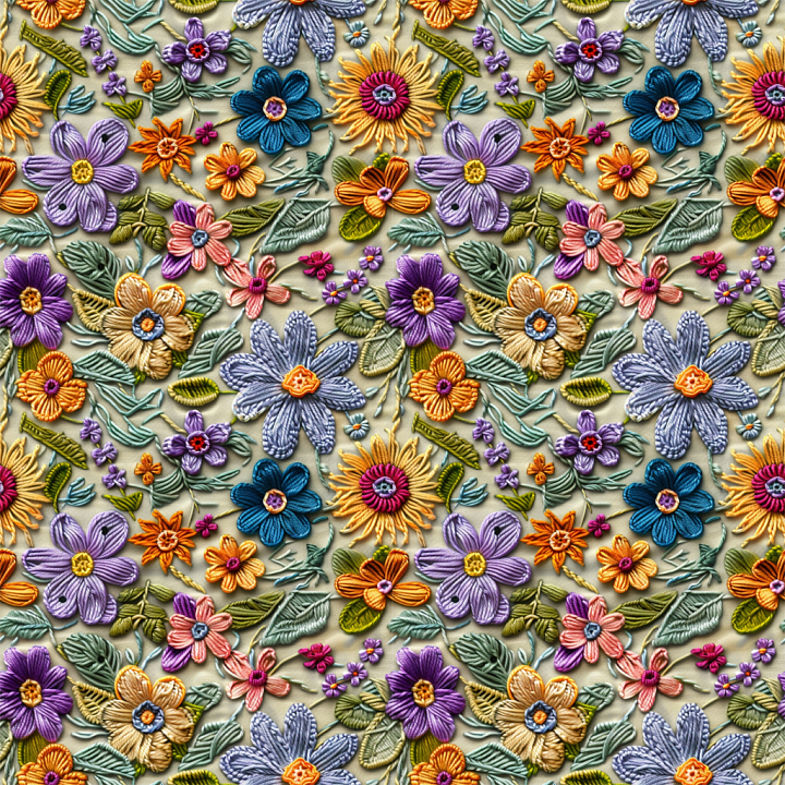 Colorful Embroidered Floral Fabric seamless PBR texture preview