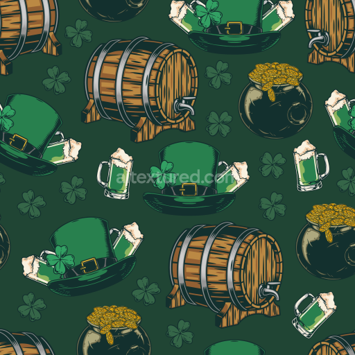 Seamless 3D PBR St Patrick digital paper texture with barrels, hats, and shamrocks