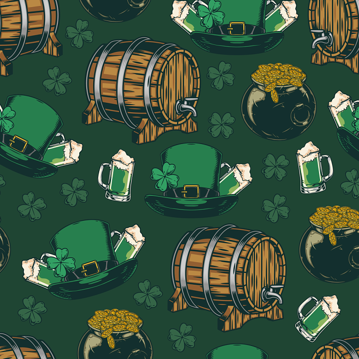 St Patrick Digital Paper With Barrels, Hats, And Shamrocks seamless PBR texture preview