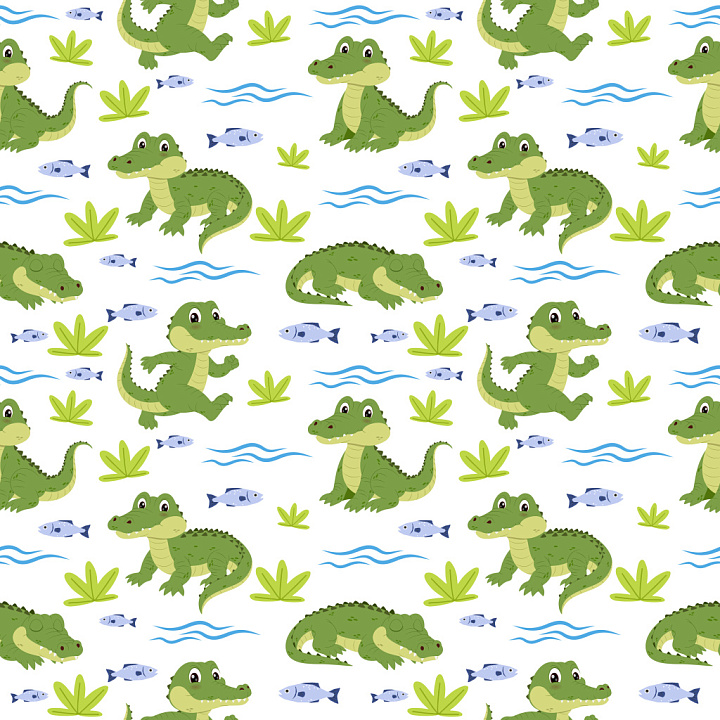 Pattern Featuring Cute Cartoon Crocodiles and Natural Motifs seamless PBR texture preview