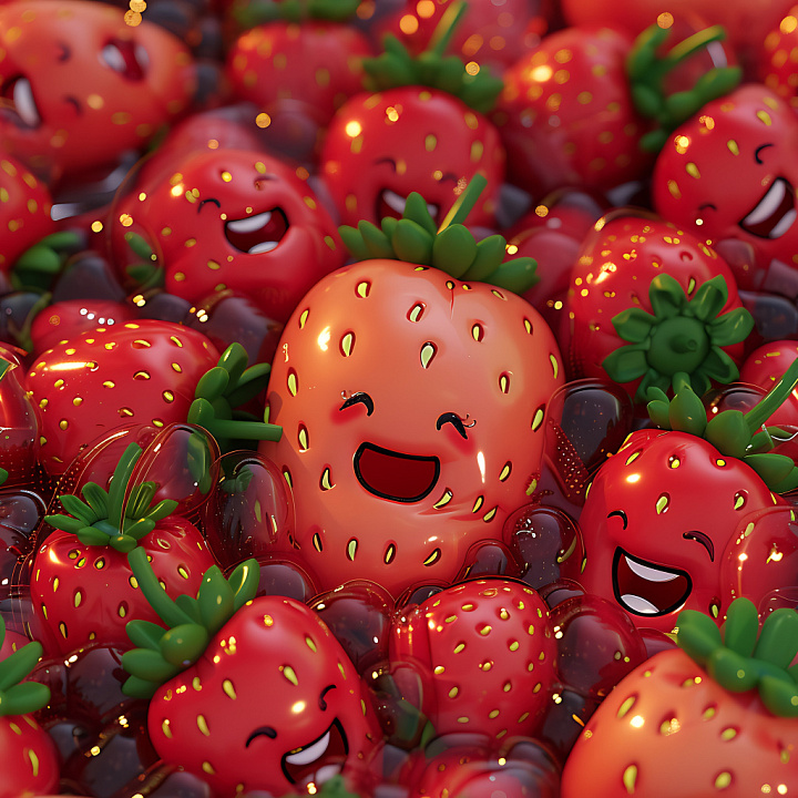 Inflated of Glossy Cartoon Strawberries with Smiling Faces seamless PBR texture preview