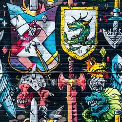 seamless Seamless 3D PBR Graffiti Texture Featuring Colorful Dragon and Sword Murals on Brick Wall texture 8k free download PBR