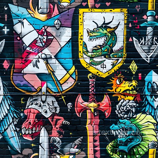 Seamless 3D PBR Graffiti Texture Featuring Colorful Dragon and Sword Murals on Brick Wall texture preview
