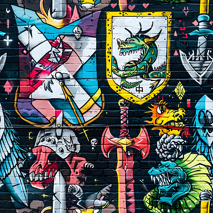 Graffiti Featuring Colorful Dragon and Sword Murals on Brick Wall seamless PBR texture preview