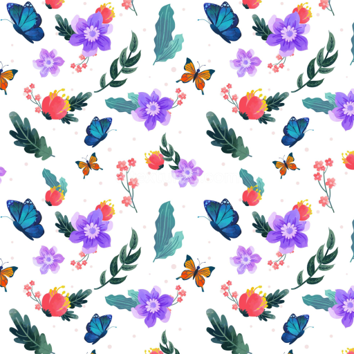 Seamless 3D PBR Watercolor Butterflies Fabric Texture with Floral Motifs