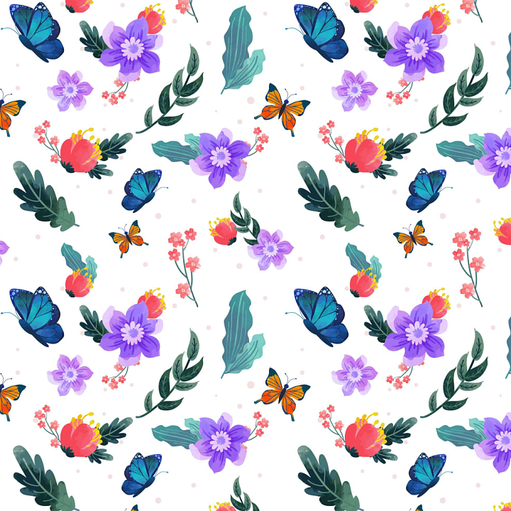 Watercolor Butterflies Fabric with Floral Motifs seamless PBR texture preview