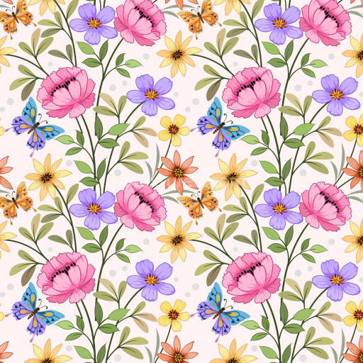 Seamless 3D PBR Texture with Watercolor Butterflies and Floral Pattern