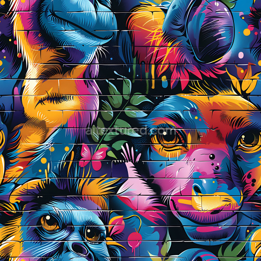 Seamless 3D PBR Texture Featuring Vibrant Urban Animal Graffiti on Brick Wall