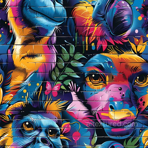 Seamless 3D PBR Texture Featuring Vibrant Urban Animal Graffiti on Brick Wall texture preview