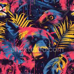 seamless Seamless 3D PBR Graffiti Texture Featuring Neon Stylized Wild Animals and Tropical Leaves texture 8k free download PBR